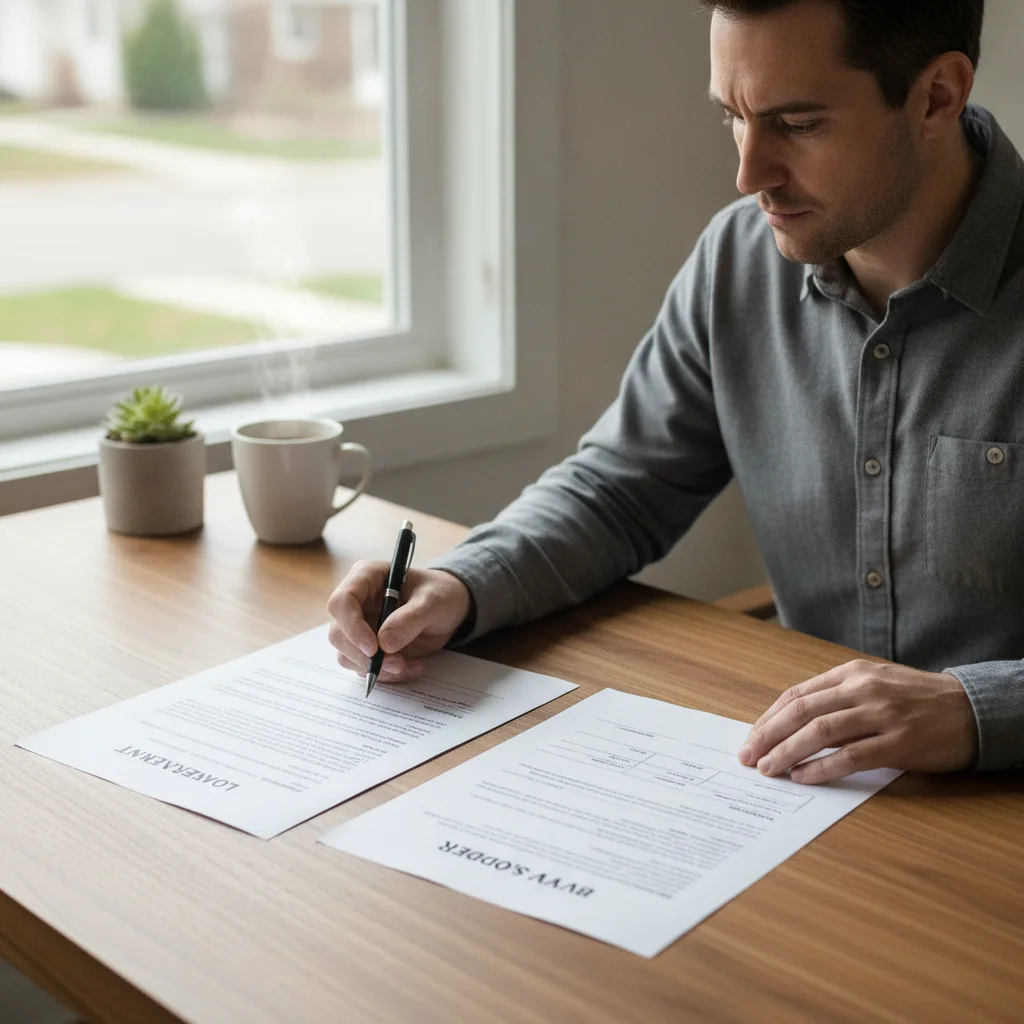 Person comparing a loan contract and a buyer's order side by side at a desk before signing