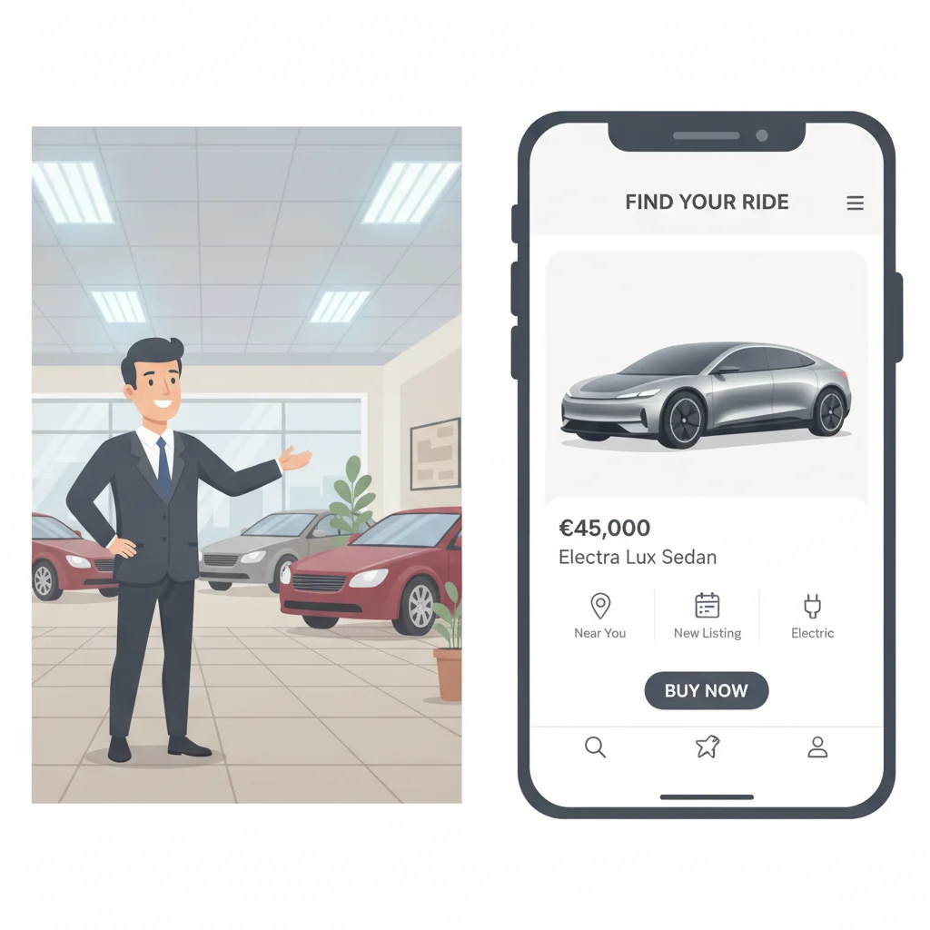 Split image contrasting a traditional car dealership showroom with a modern online car buying app on smartphone