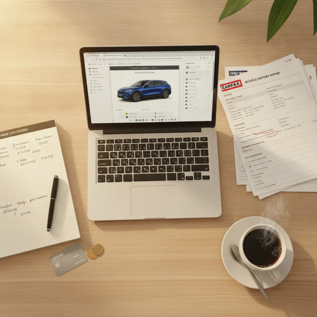 Desk with laptop showing car configurator, vehicle history report, and financial notes for an online car purchase