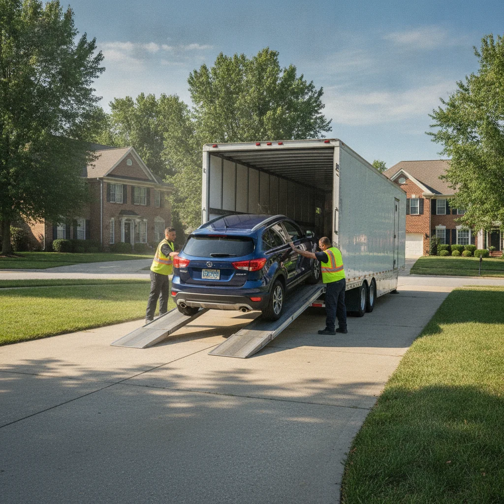 Compact SUV being delivered from an auto transport trailer to a residential driveway after online purchase