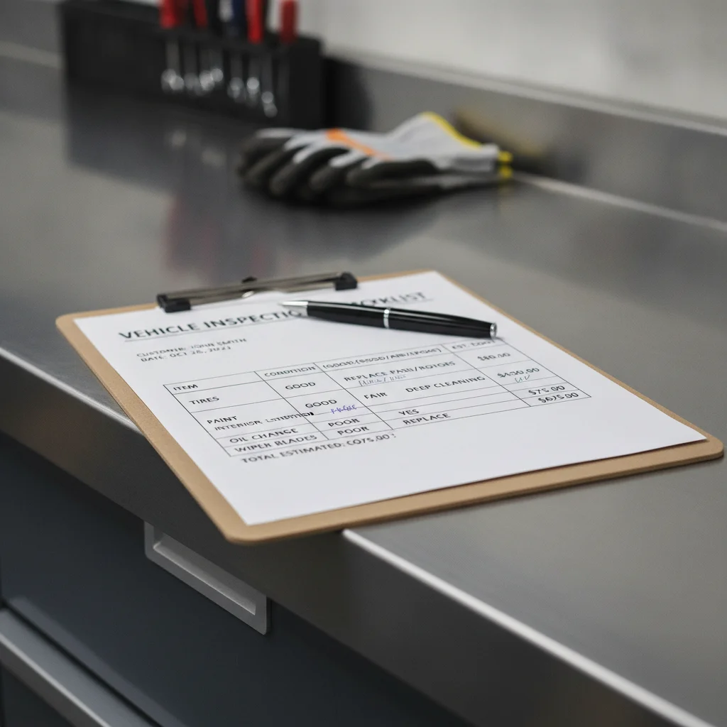 Vehicle inspection checklist with reconditioning line items and estimated costs on a clipboard