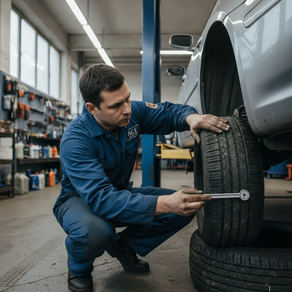 Mechanic measuring tire tread depth with a gauge tool during a used car inspection