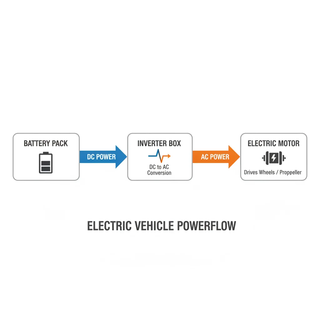 Diagram showing DC power from EV battery converting to AC power through inverter to motor