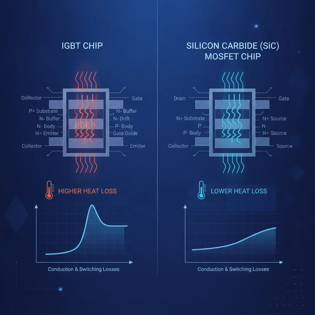 Side-by-side comparison of IGBT and silicon carbide SiC inverter components with efficiency indicators