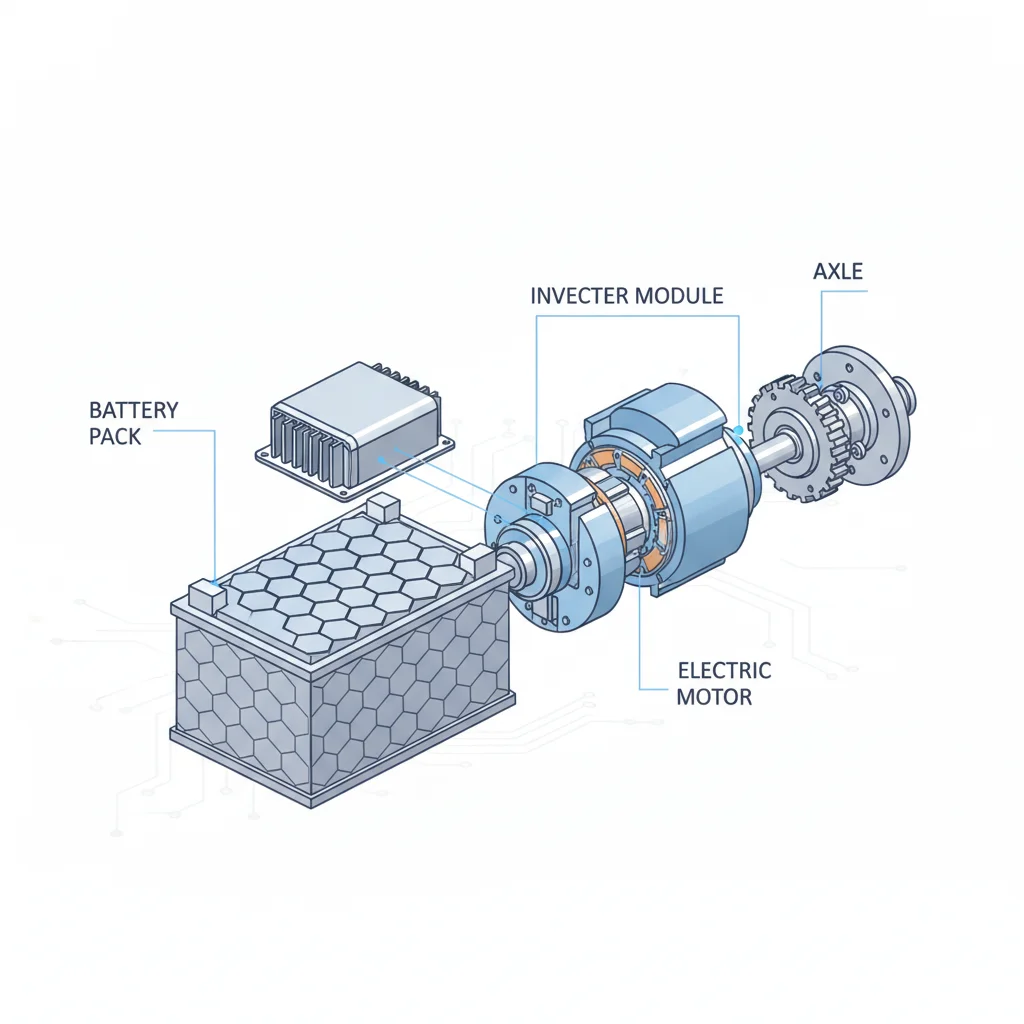Cutaway view of EV drivetrain showing battery, inverter, motor, and axle in sequence