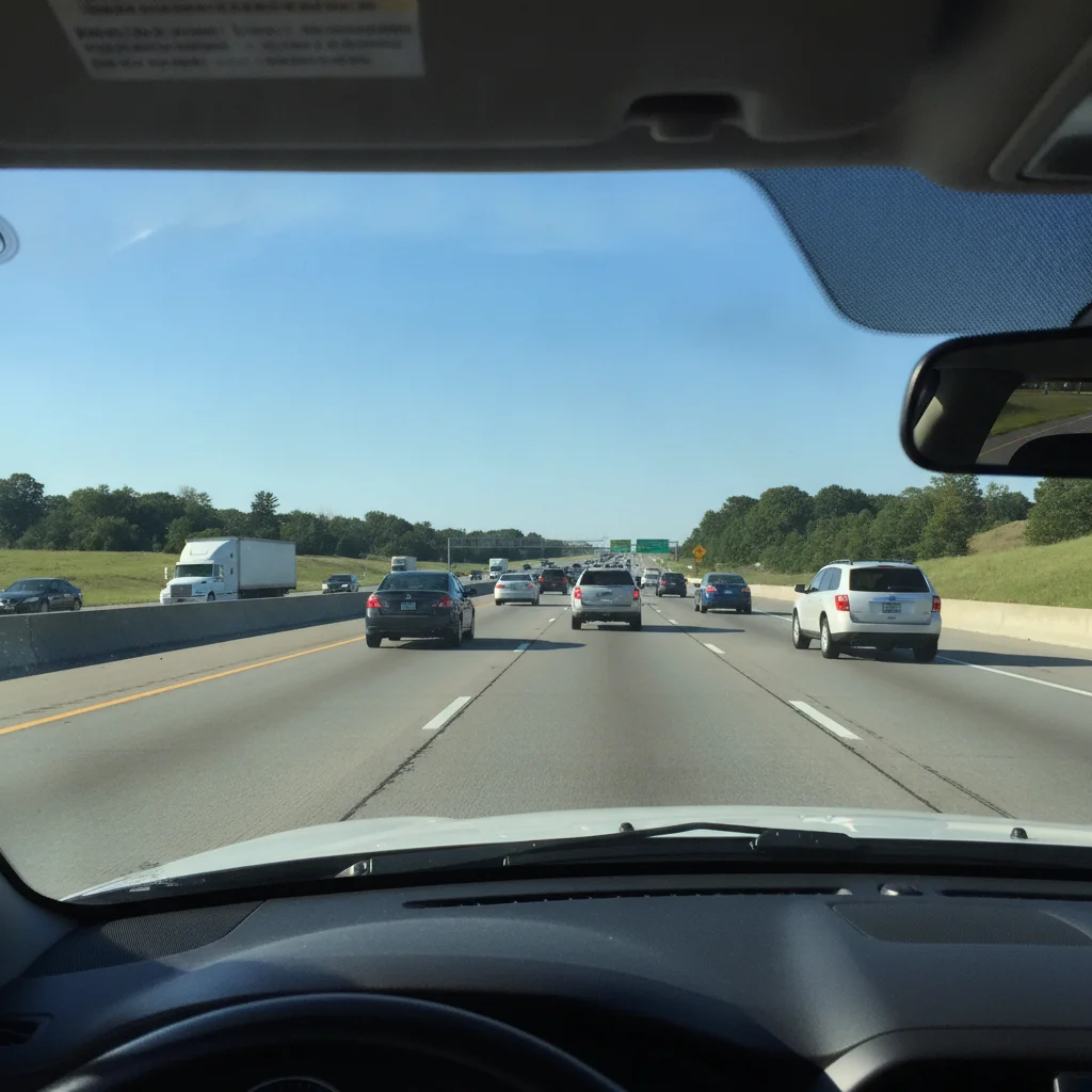 Driver's perspective view from inside a car on a three-lane interstate highway in daylight