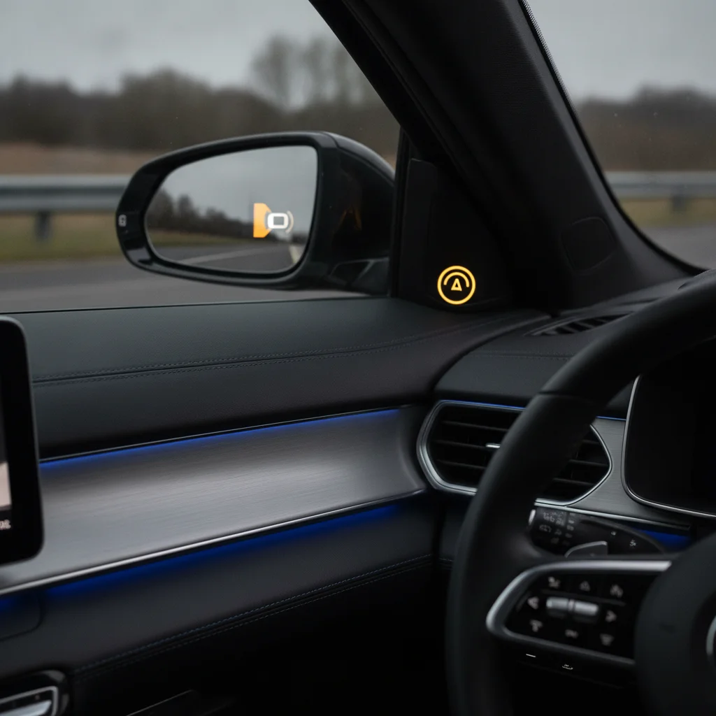Car dashboard with active blind-spot monitoring indicator light illuminated on side mirror