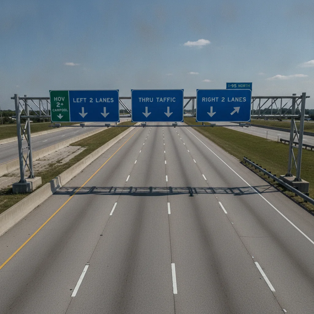 Overhead highway sign showing lane designations including HOV carpool lane on American interstate