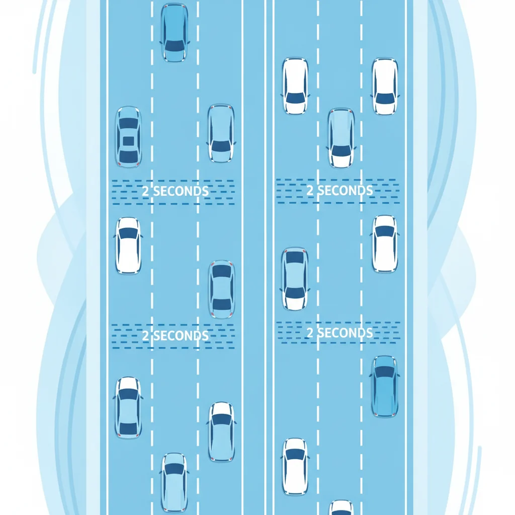 Overhead diagram of highway cars with time-gap intervals marked between vehicles
