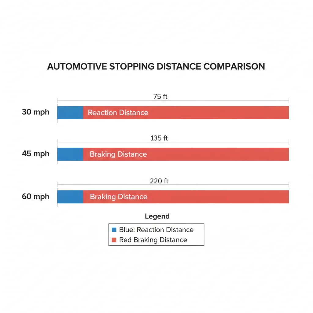 Diagram comparing stopping distances at 30, 45, and 60 mph showing reaction and braking distance components