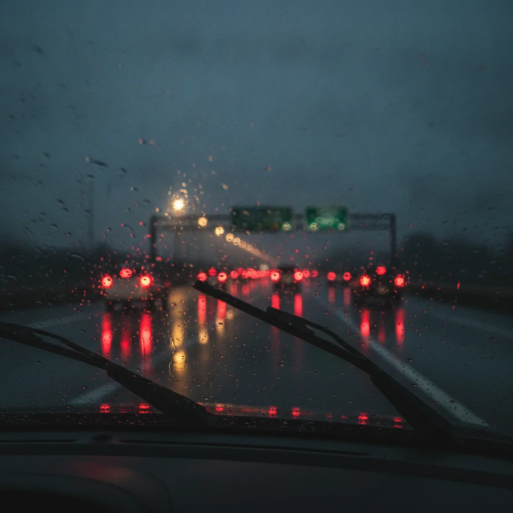 Driver's perspective through a rain-covered windshield showing reduced visibility and wet highway conditions