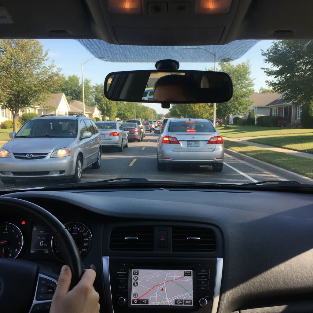 Car interior cockpit view from driver's seat showing cars spaced ahead in typical suburban traffic