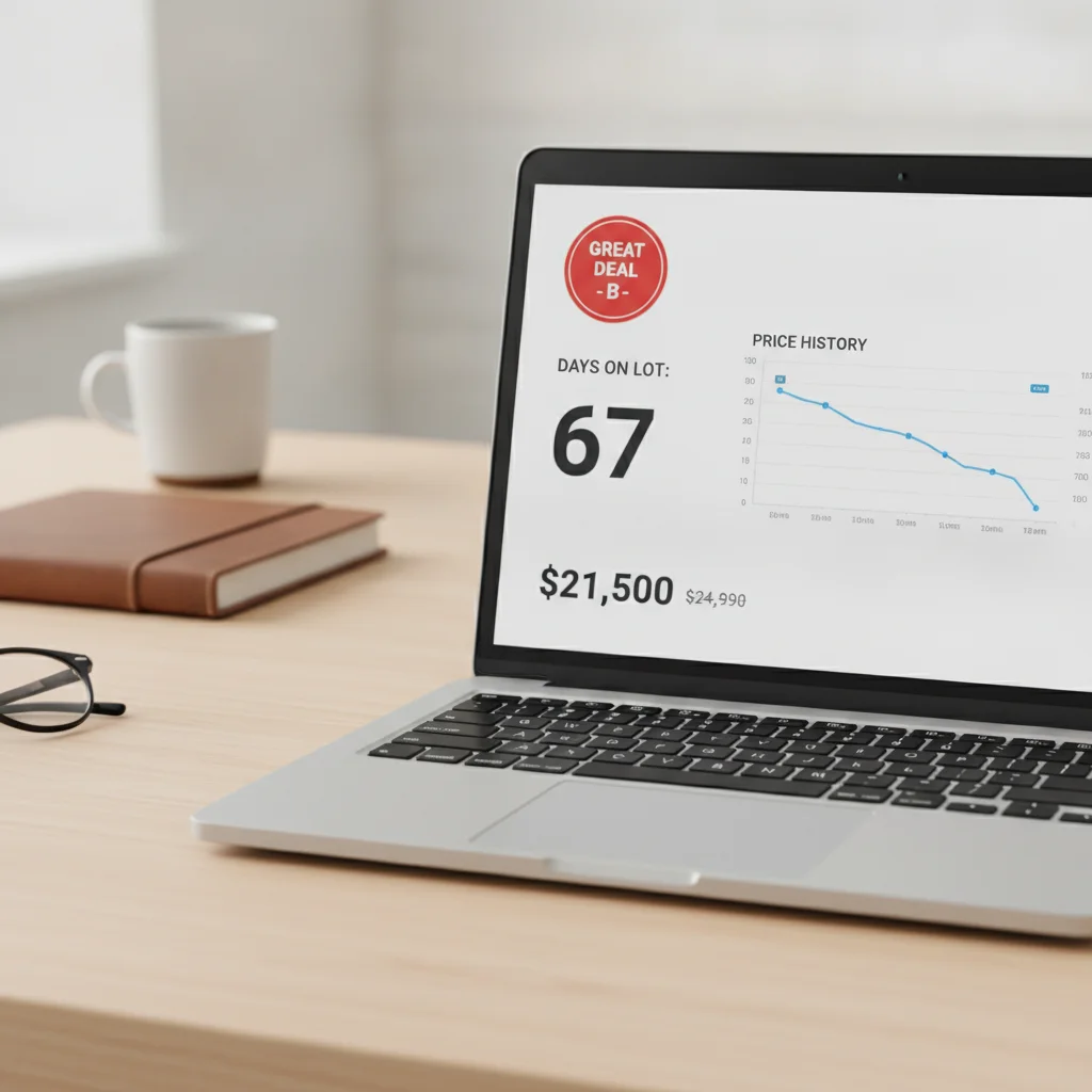 Laptop screen displaying a car listing with days-on-lot counter and price history chart