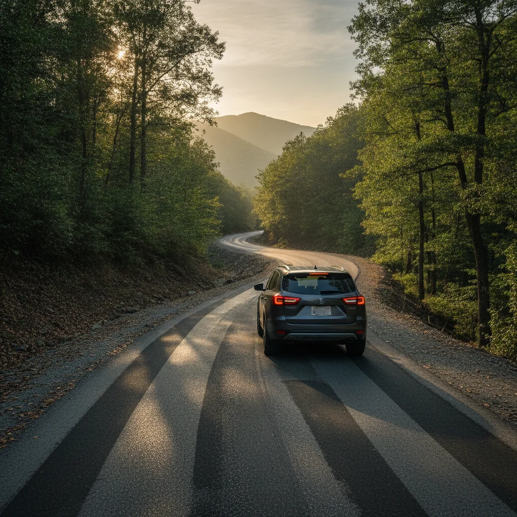 A winding road ascending a forested hill showing the kind of terrain where cruise control can hurt fuel economy