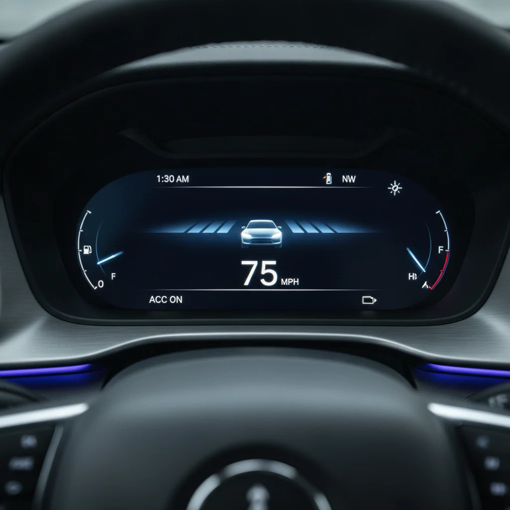Car dashboard showing adaptive cruise control display with following distance and speed readout