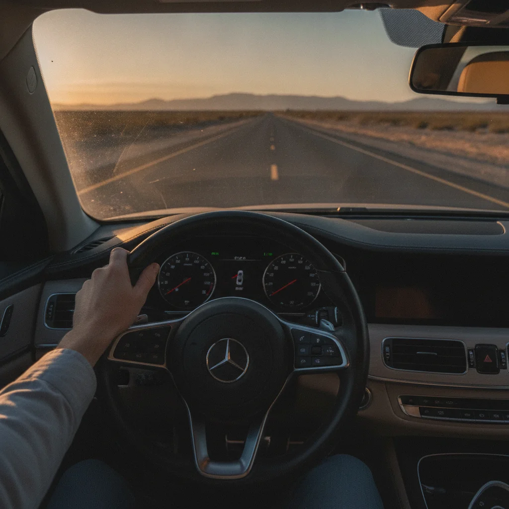 Driver's hands resting on steering wheel on a long open highway at golden hour
