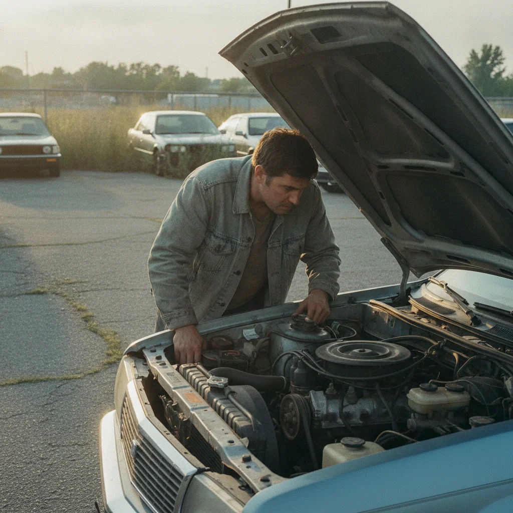 Person leaning over an open car hood listening to the engine running during a used car inspection