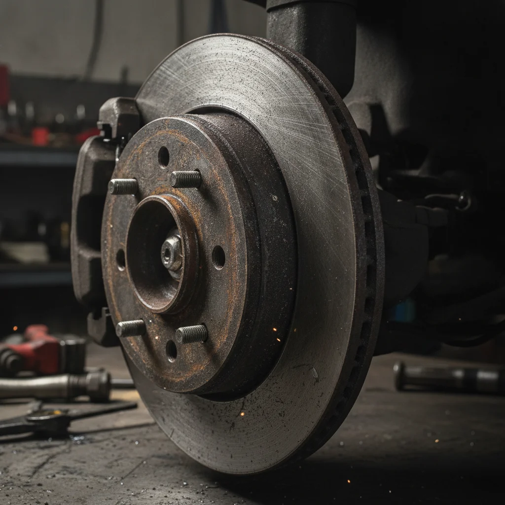 Worn brake pad making metal-on-metal contact with a grooved and rusty brake rotor