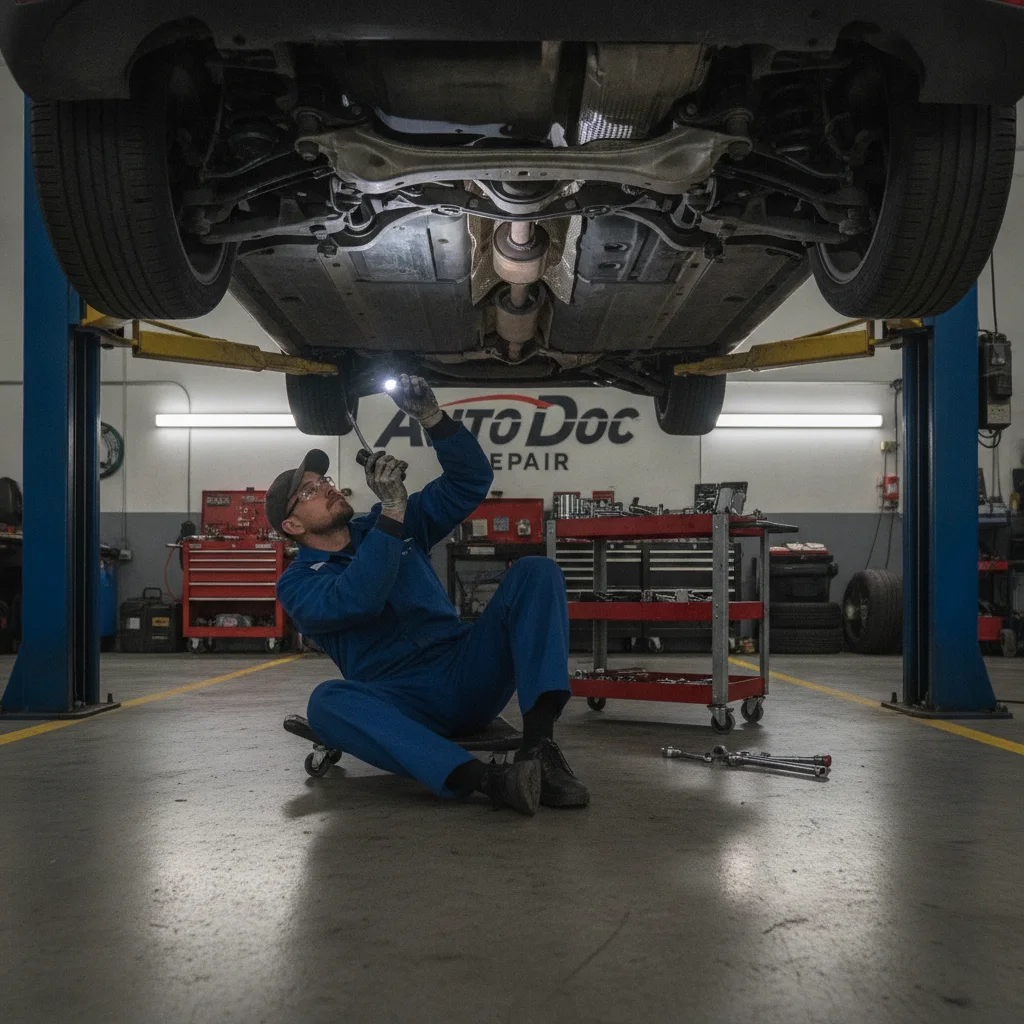 Mechanic underneath a car on a lift inspecting the suspension and undercarriage during a pre-purchase inspection
