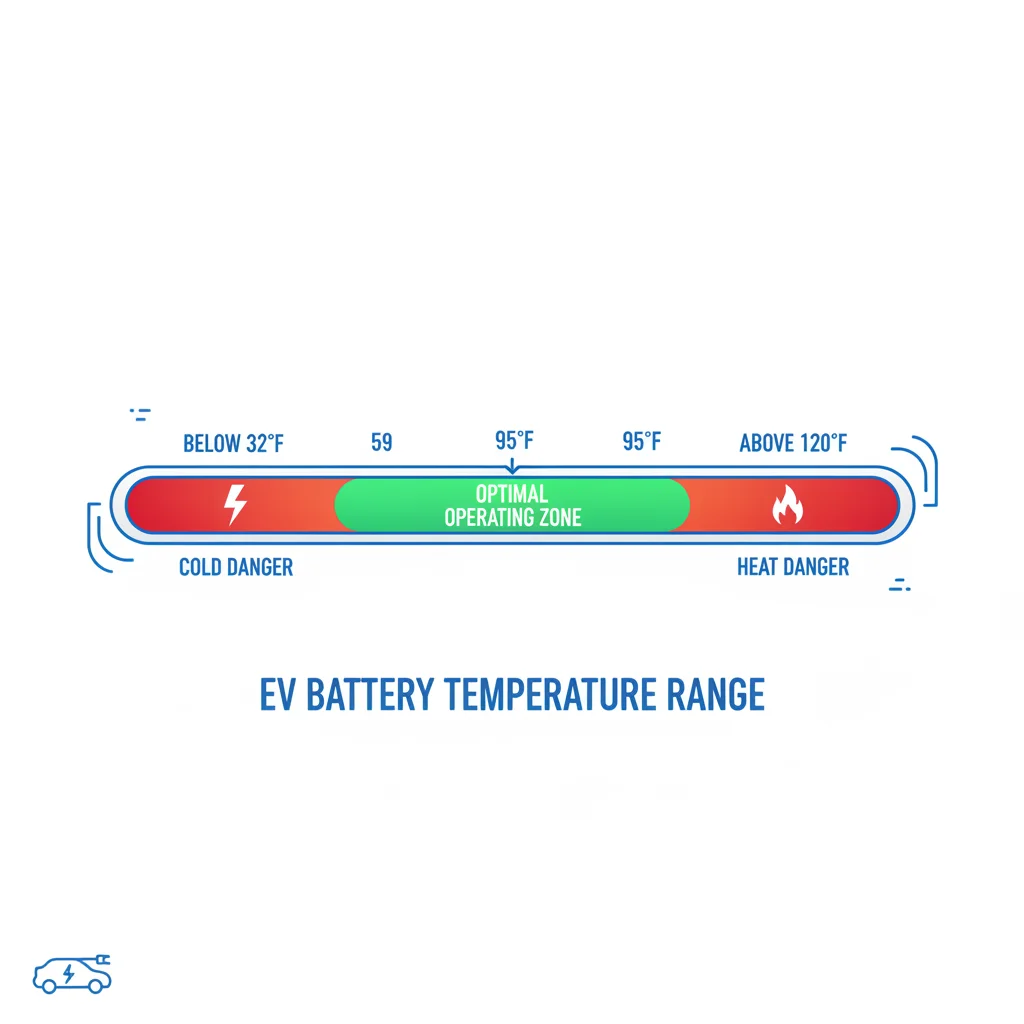 Infographic showing the ideal EV battery operating temperature range between 59 and 95 degrees Fahrenheit