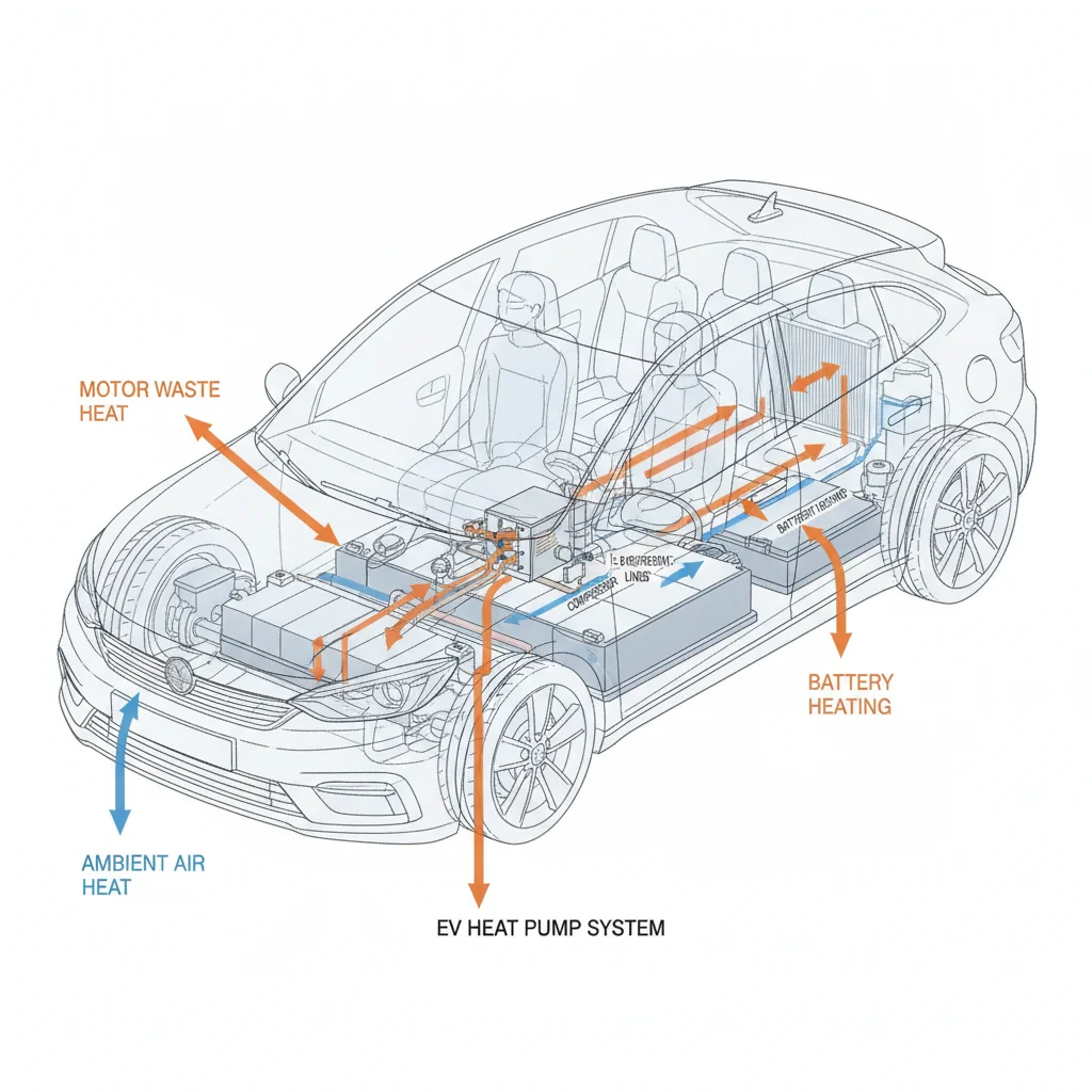 Diagram showing how an EV heat pump transfers heat from ambient air and motor into the battery and cabin