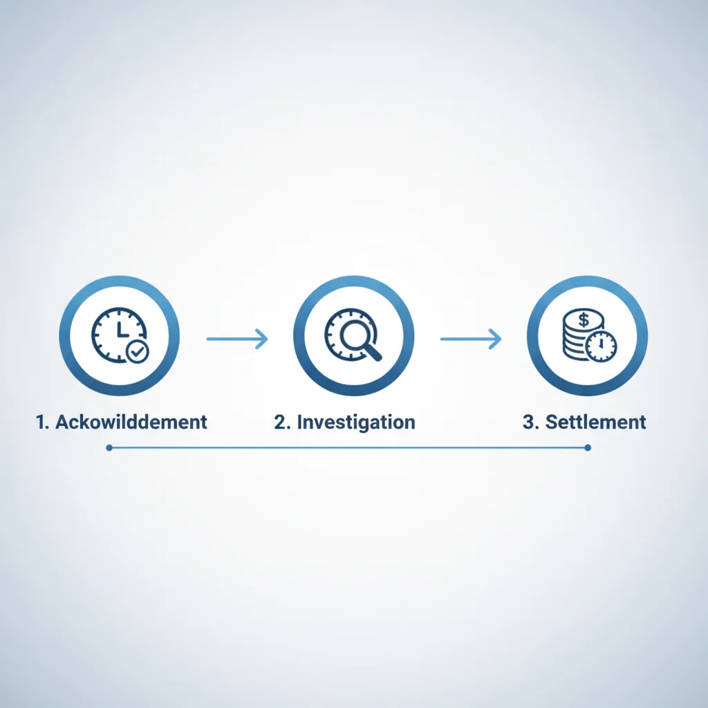 Horizontal timeline diagram showing the three stages of an auto insurance claim with clock icons