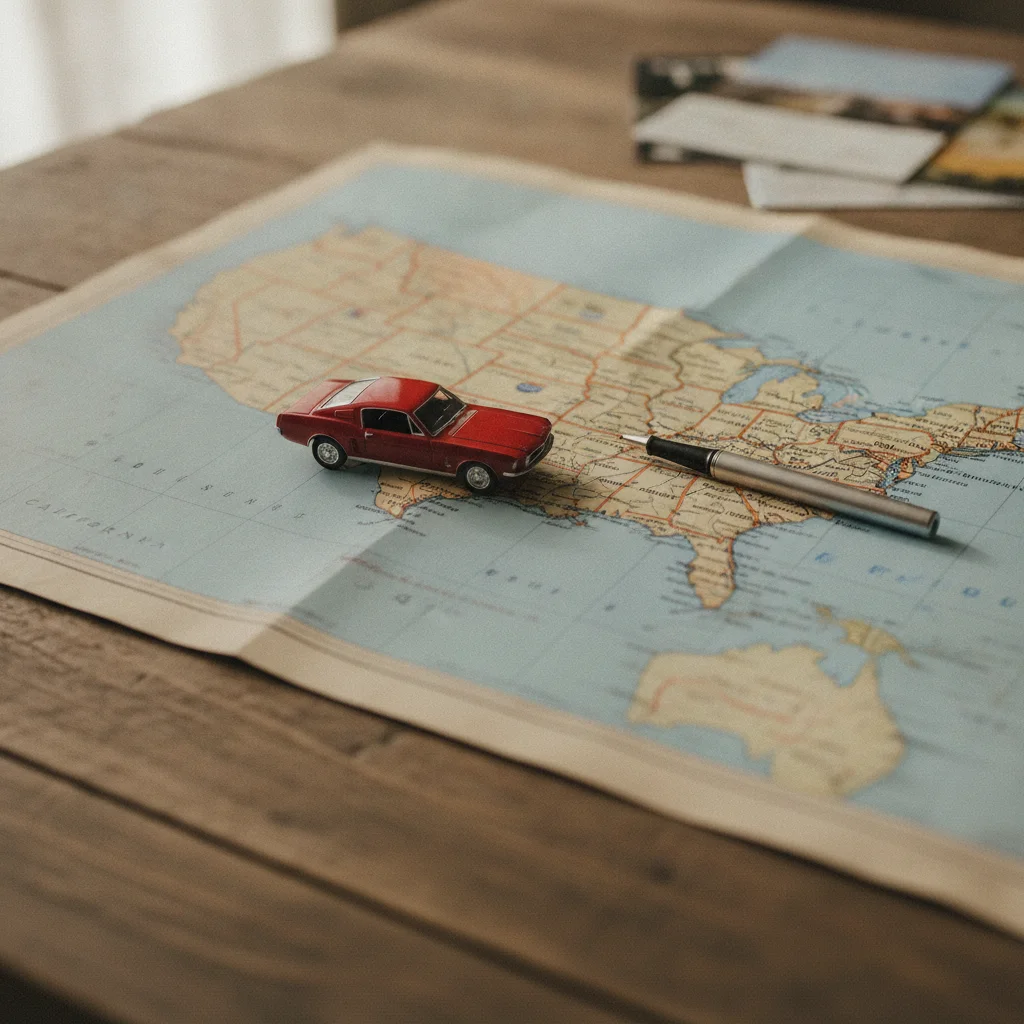 Overhead view of a US map on a wooden desk with a small model car and pen