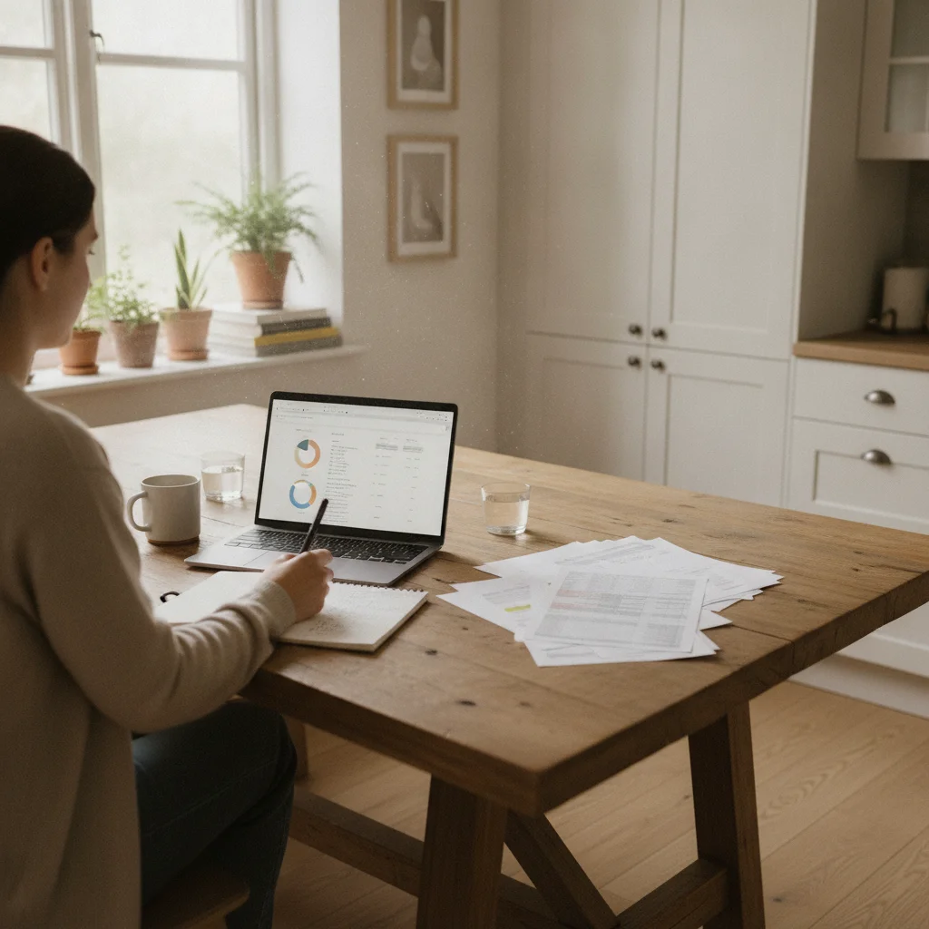 Person reviewing insurance documents at kitchen table with laptop and notebook open