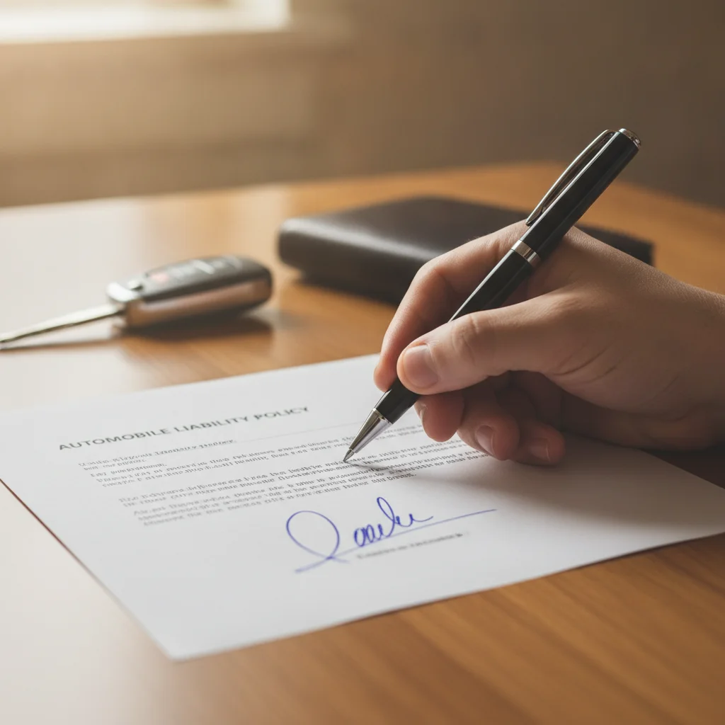 Hand signing insurance settlement document with car key visible in background on desk