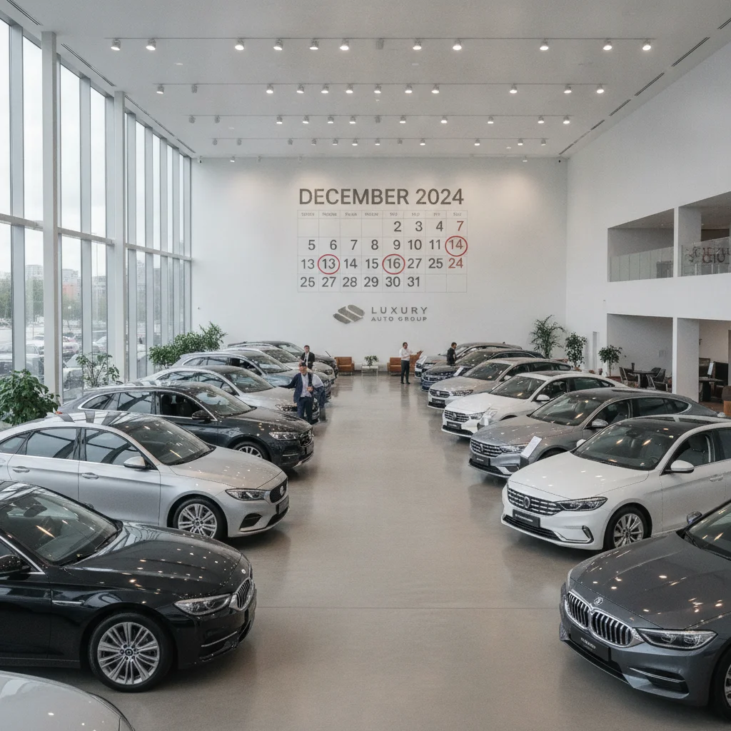 Car dealership showroom interior with rows of new vehicles and a large calendar on the wall