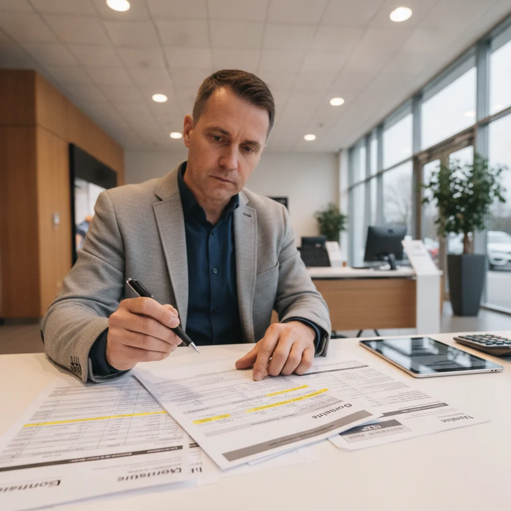 Car buyer reviewing price sheets and manufacturer incentive documents at a dealership desk