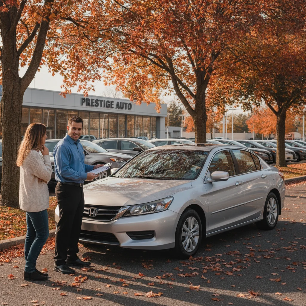 Dealership service advisor appraising a trade-in vehicle on an outdoor lot in autumn