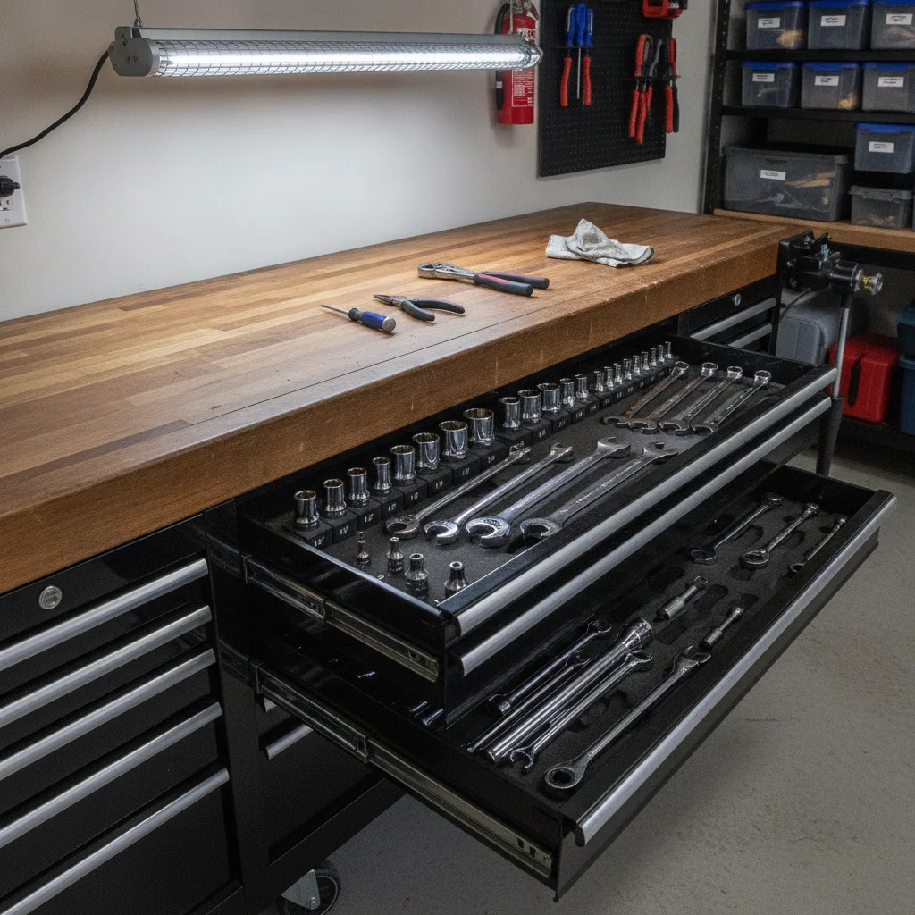 Home garage workbench with organized socket set and ratchet tools arranged by size