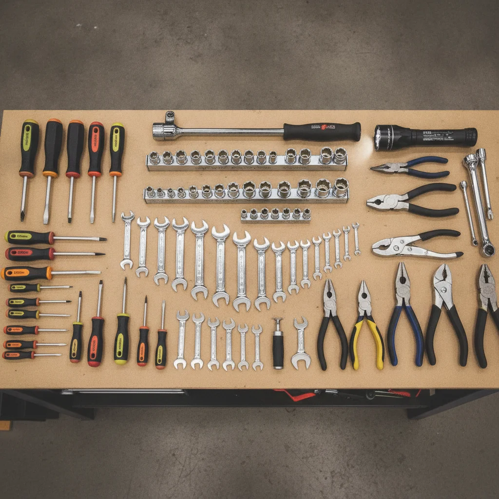 Overhead view of a complete home mechanic toolkit with wrenches, sockets, screwdrivers, and pliers arranged on a workbench