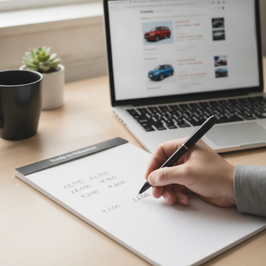 Person writing trade-in valuation research numbers on a notepad next to a laptop