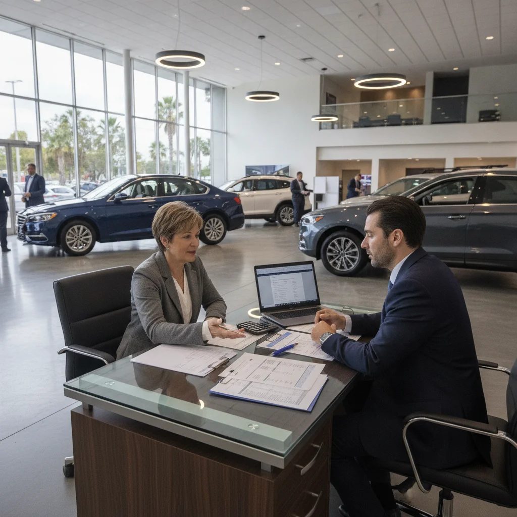 Buyer and car salesperson negotiating at a dealership desk with worksheets spread between them