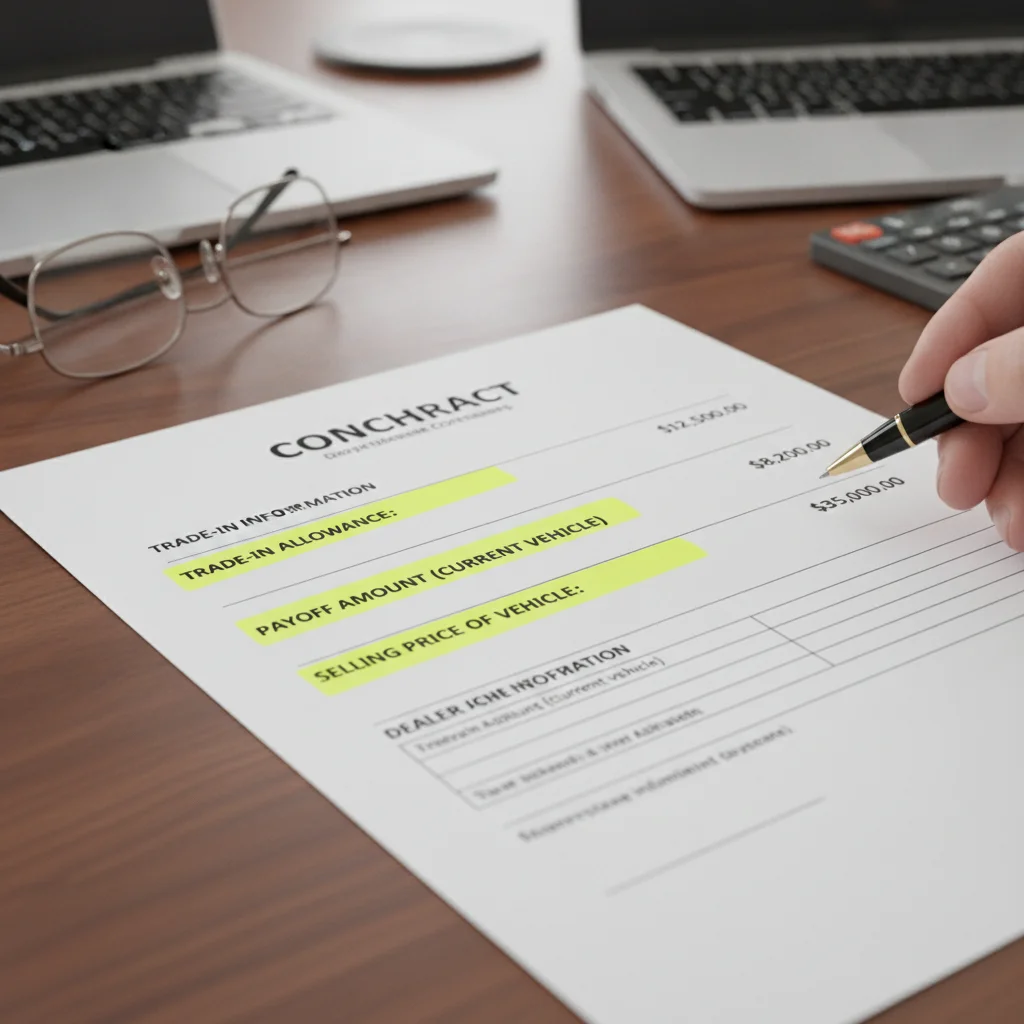 Car purchase contract with trade-in allowance and payoff amount lines highlighted for verification