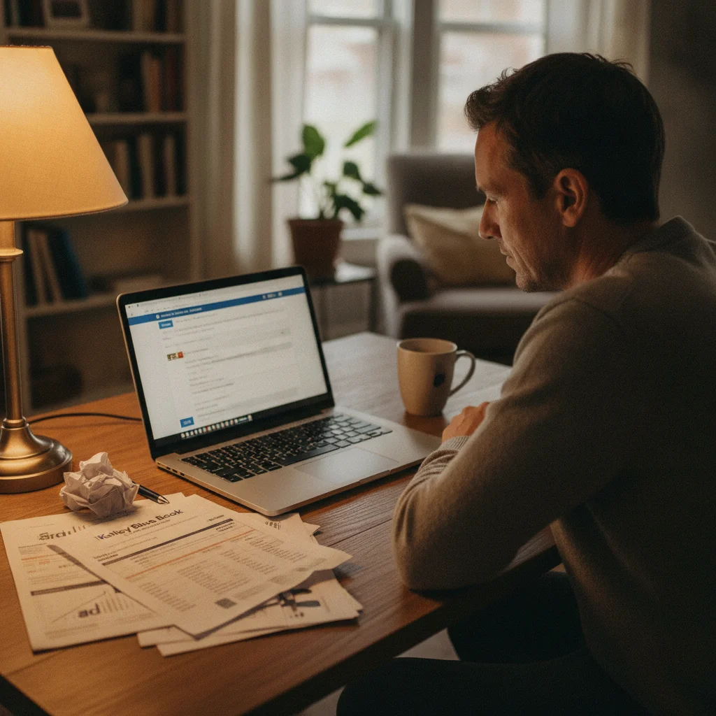 Person researching car trade-in values at home before visiting a dealership