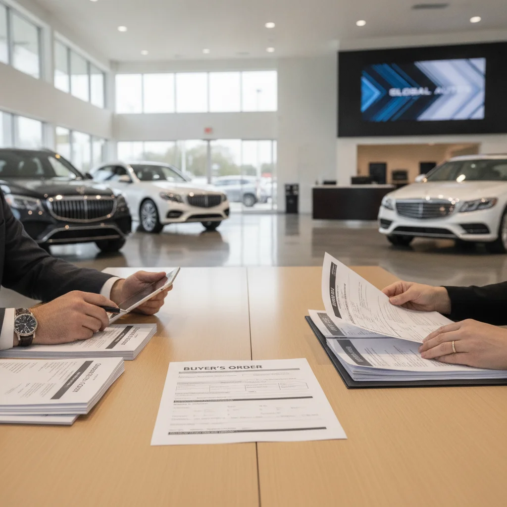 Buyer and dealer reviewing separate purchase and trade-in documents at a dealership table