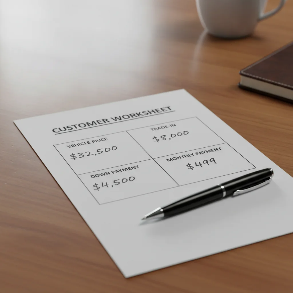 Close-up of a four-square dealership negotiation worksheet showing four separate financial variables