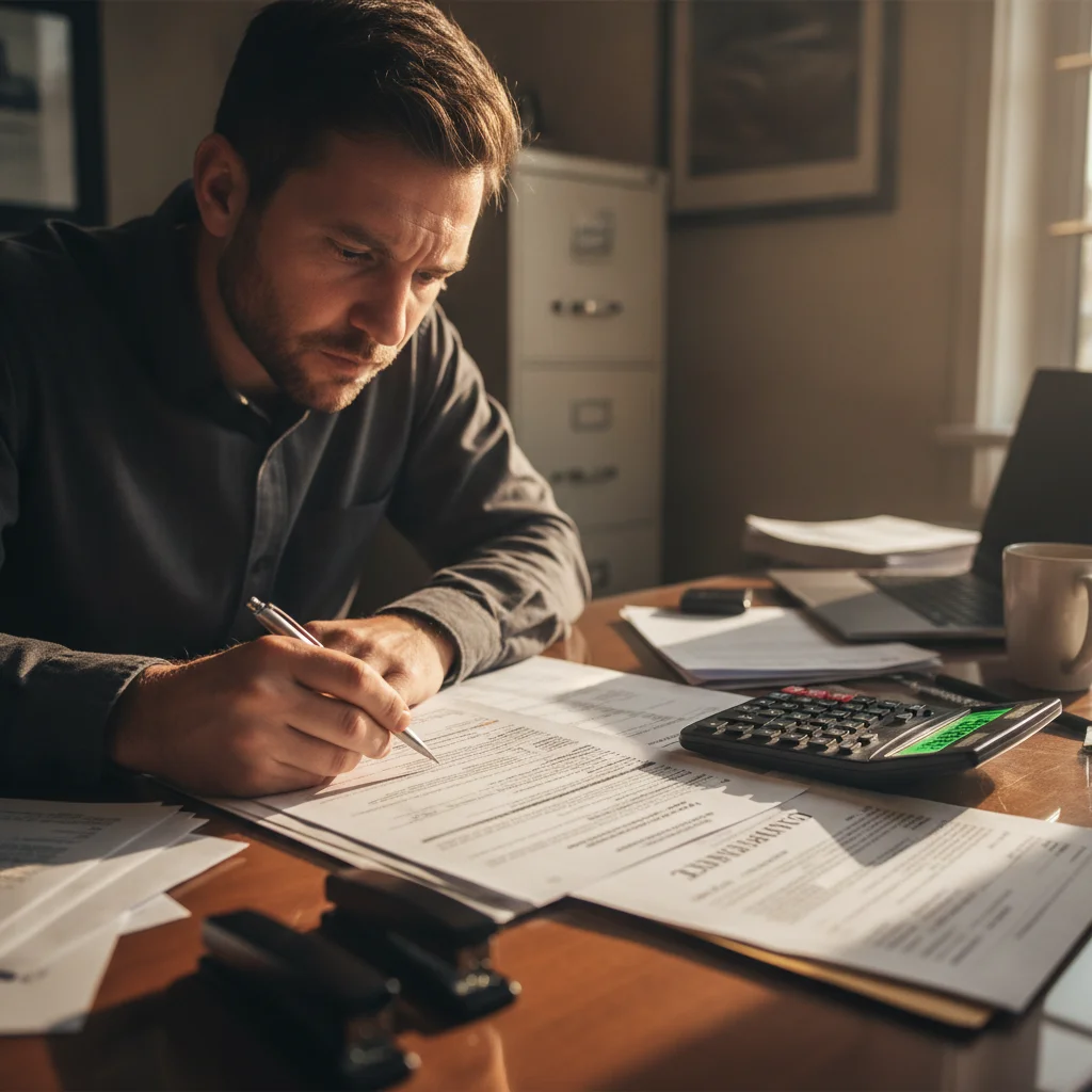 Car buyer reviewing a dealership purchase contract with a calculator on the desk