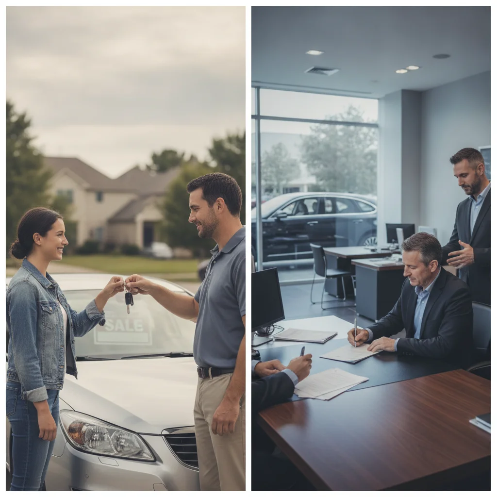 Split image comparing private car sale handoff versus signing a dealership trade-in agreement