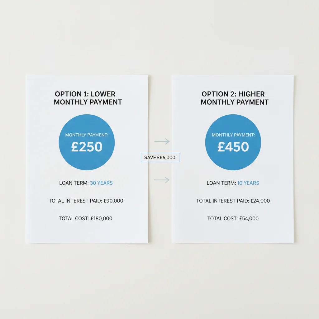Two auto loan payment breakdowns compared side by side showing monthly payment versus total interest cost