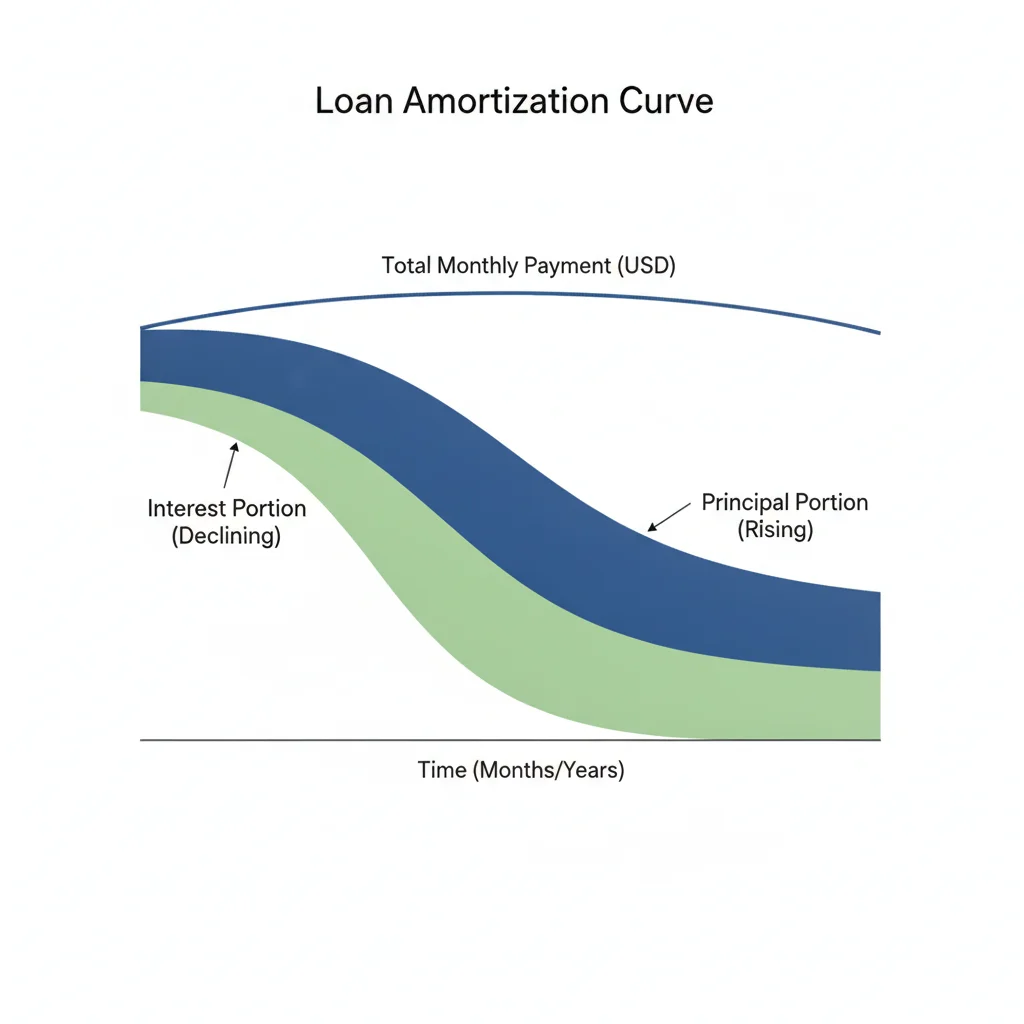 Amortization curve diagram showing declining interest and increasing principal portions over loan term