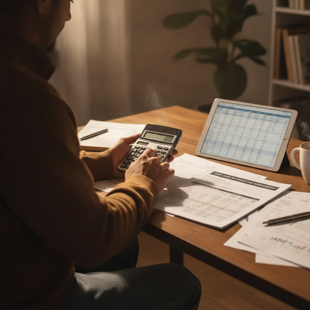 Person reviewing auto loan refinancing paperwork and calculator at a home desk