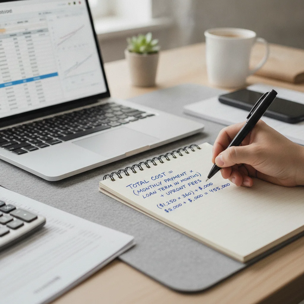 Hand writing a car loan total cost calculation on a notepad beside a laptop with amortization table