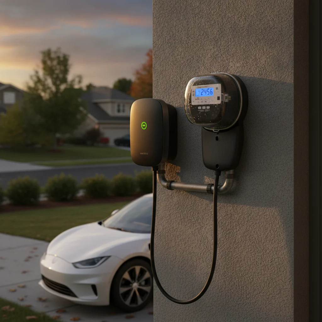 Home electricity meter next to a Level 2 EV charger mounted on an exterior garage wall at dusk