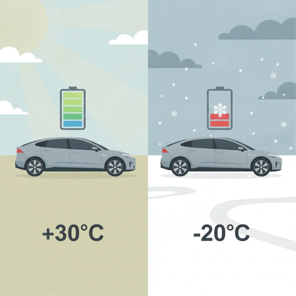 Two electric vehicles compared side by side showing different battery efficiency levels in warm versus cold weather conditions