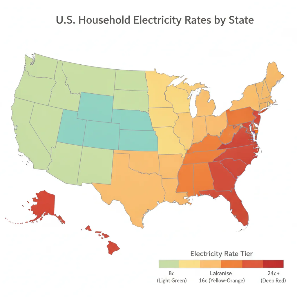 Color-coded map of the United States showing electricity rate variations by state from lowest to highest cost per kWh