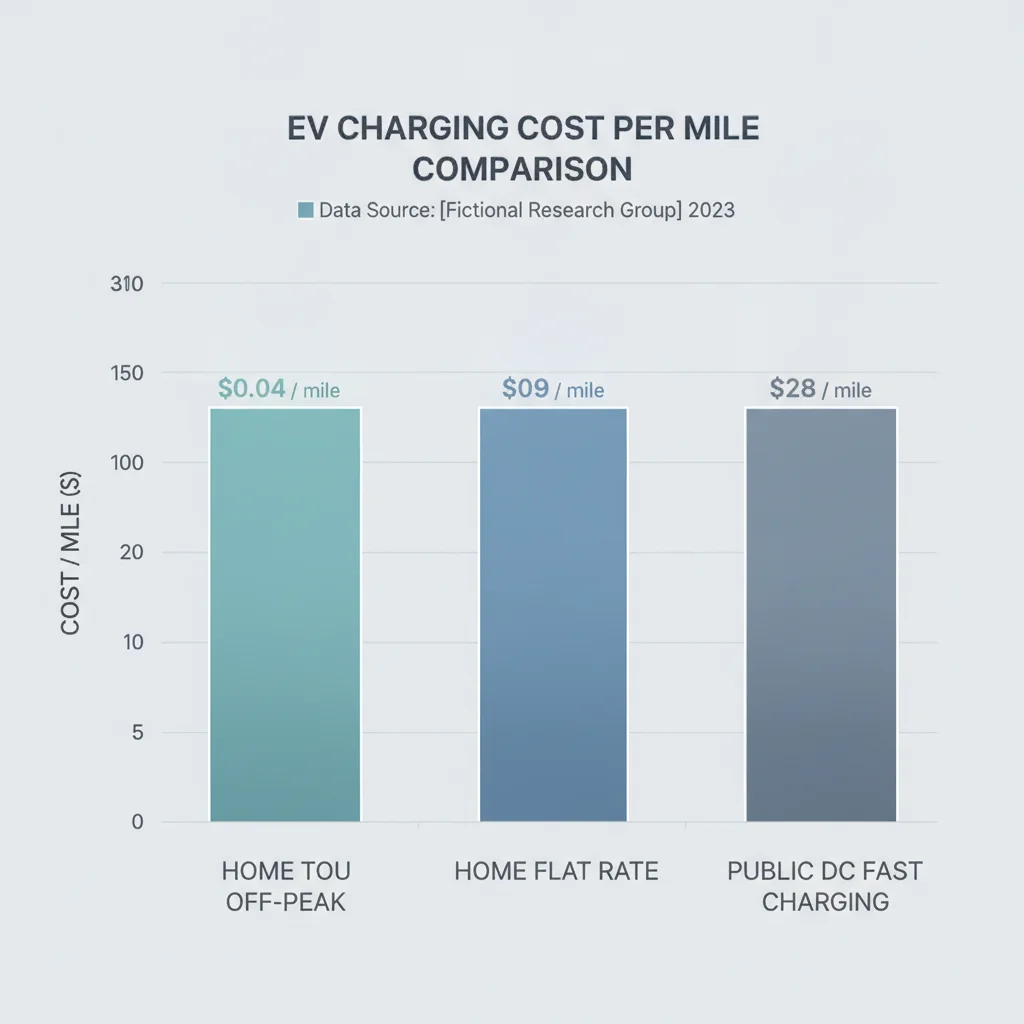 Bar chart comparing electric vehicle charging cost per mile across home time-of-use, home flat rate, and public DC fast charging scenarios